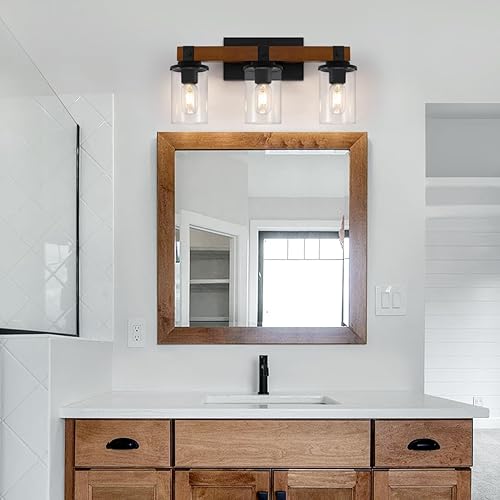 Miniatura 3 de Lámpara de tocador de madera, lámparas de baño de granja sobre el espejo, 3 luces rústicas con pantalla de vidrio transparente, aplique de pared