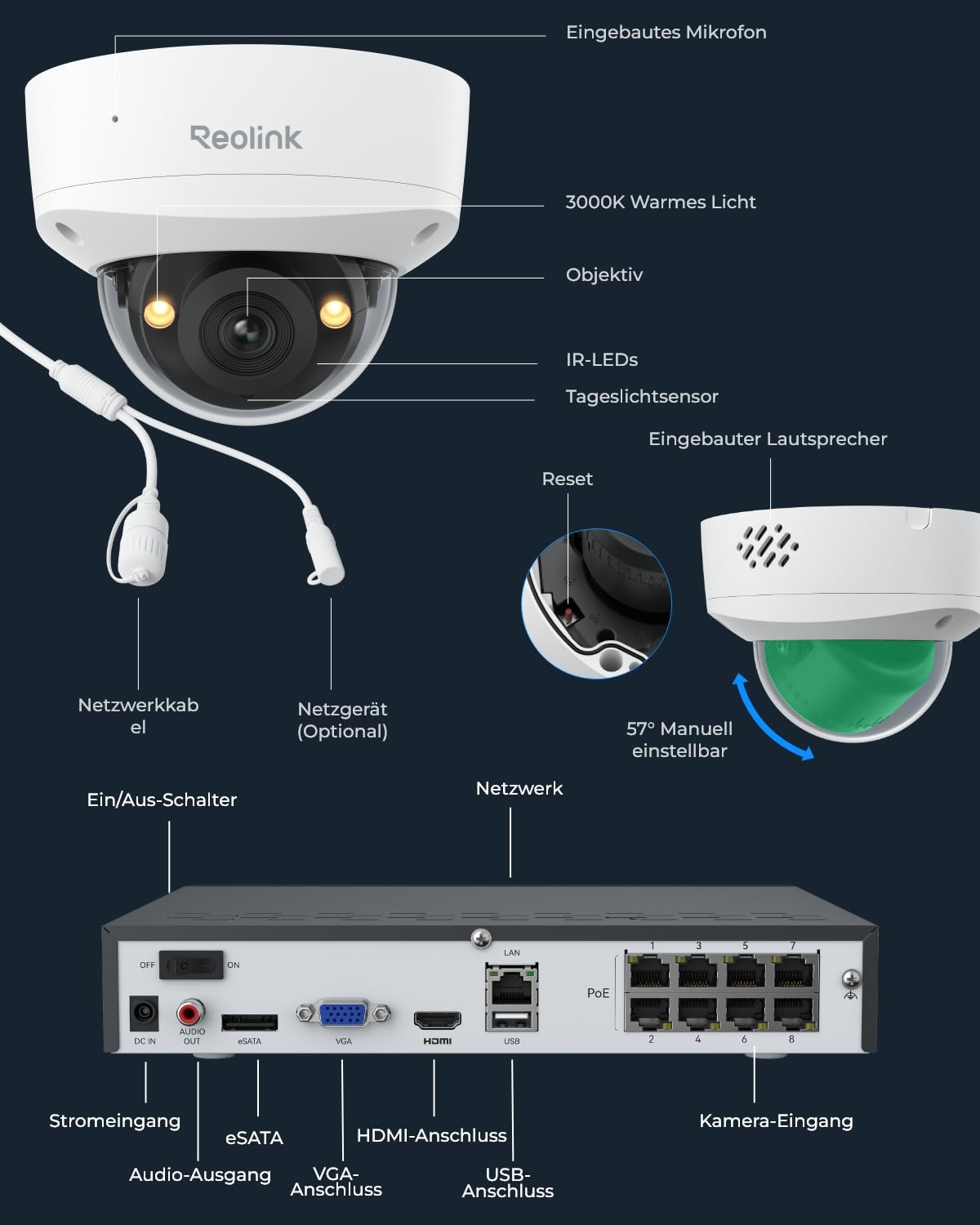 Reolink 12MP PoE Überwachungskamera Set mit 4X IK10 vandalensichere Aussenkameras, 145° Weitwinkel, Farbnachtsicht, Personen-/Fahrzeug-/Tiererkennung, 2-Wege-Audio, 8CH NVR mit 2TB HDD, RLK8-1200V4