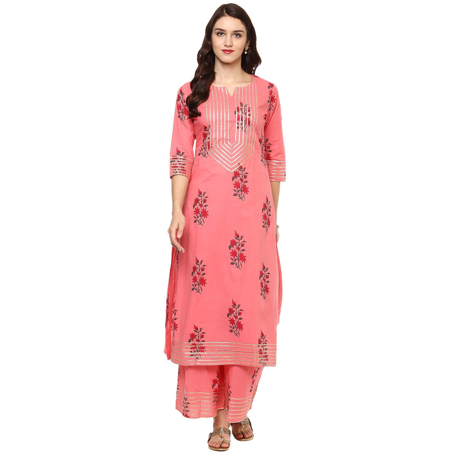 Idalia Coral Printed Straight Pure Cotton Kurta Set For Women 3/4 Sleeve, Round V Neck Designer Kurta With Palazzo Set For Women