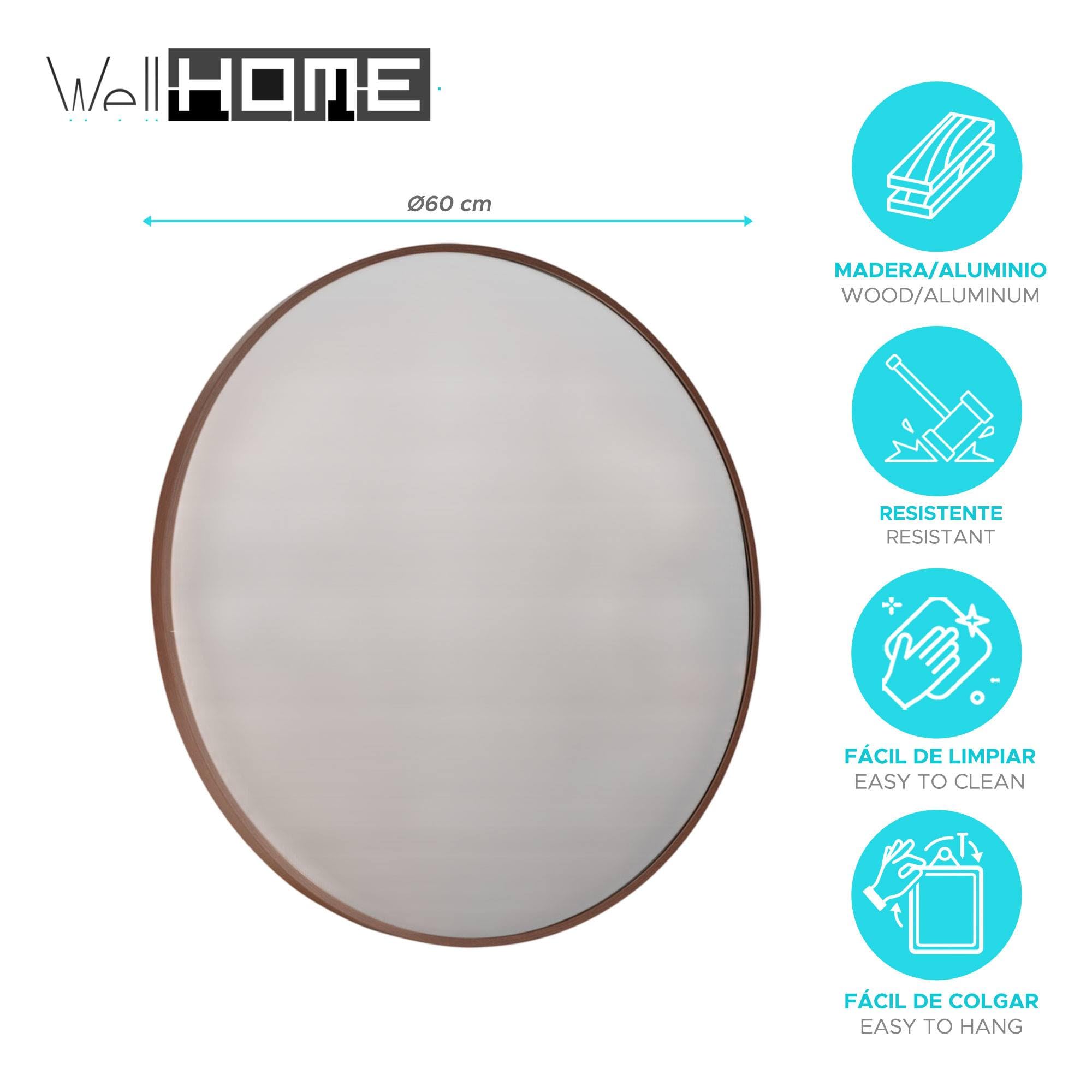 Well Home Espejo Redondo Ø60cm Marco de Madera Oscura, con Gancho Trasero, Ideal para recibidor o baño