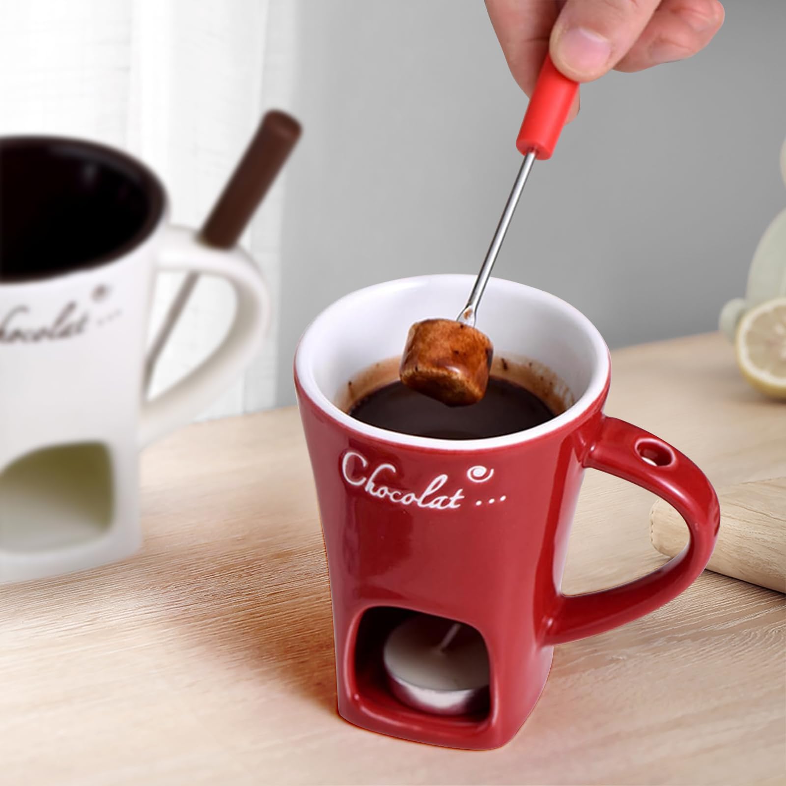 Tasse à fondue au chocolat en porcelaine de 200 ml avec fourchettes, ensemble de chauffe-beurre en céramique, tasse chauffante en céramique pour bonbons, collation, caramel (blanc cassé)