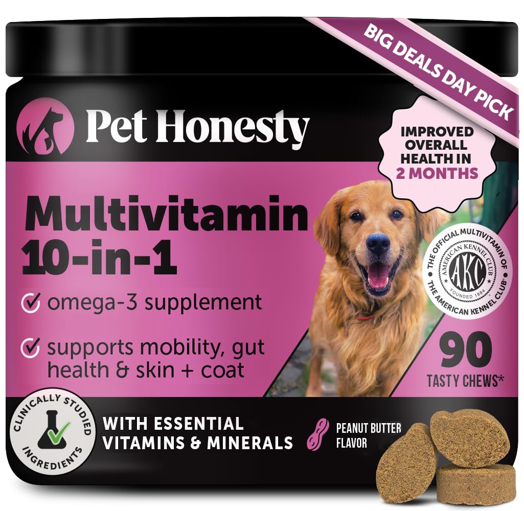Pet Honesty Multivitamin Dog Supplement, Glucosamine chondroitin for Dogs, Probiotics, Omega Fish Oil, Dog Supplements & Vitamins, Dog Vitamins for Skin and Coat Allergies, (Peanut Butter 90 ct)