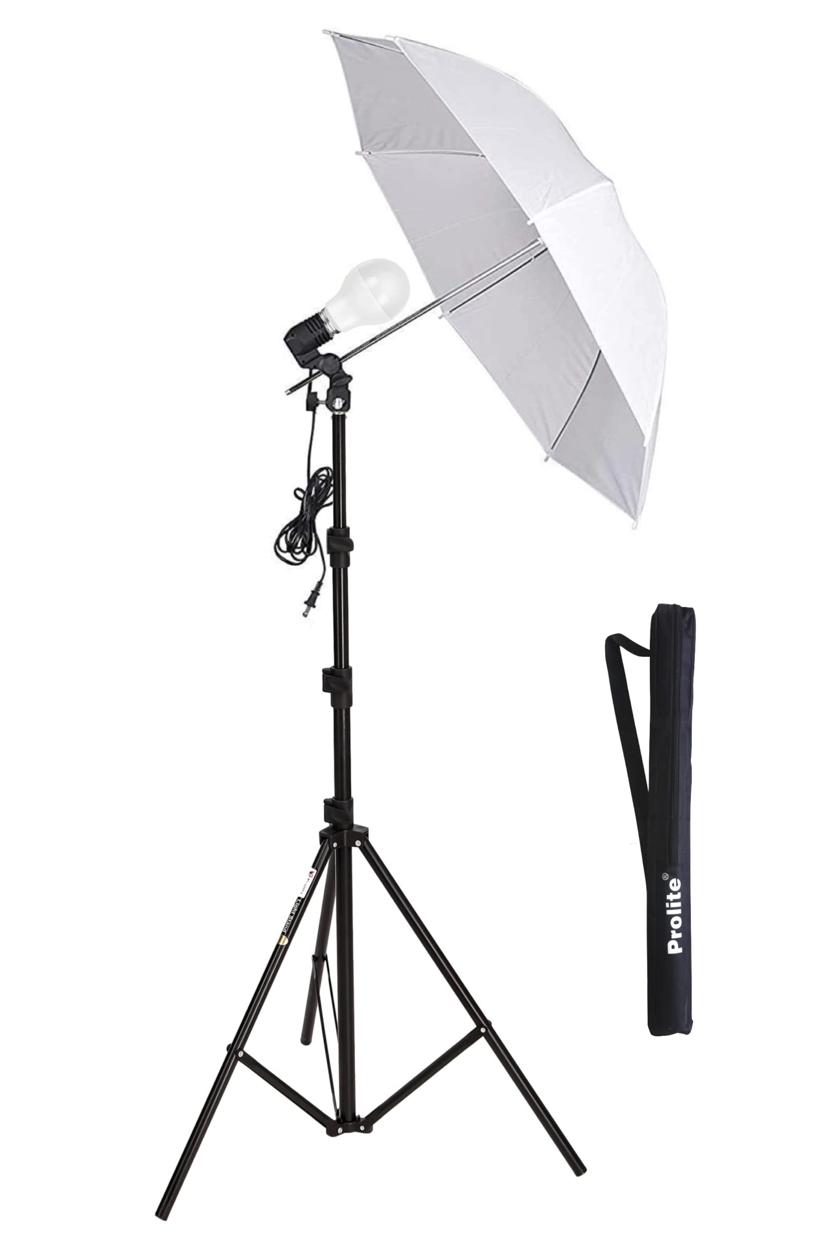 PROLITE E27 Home Studio Single Bulb Holder Kit | Portable & Foldable | 1 Adjustable 9ft Stand with Carry Bag, 1 20W LED Bulb with Holder, 1 Umbrella Diffuser