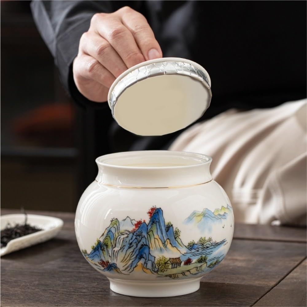 Lata de té Recipiente de Porcelana Blanca for almacenar té Suelto, Tarro cerámica Sellado, Juego Chino, Caja Regalo con Frasco Individual o Doble Carrito de té(Single Can)