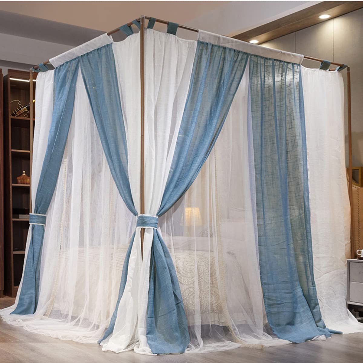 Baldaquin de lit princesse bleu OKUOKA avec cadre en acier moustiquaire 4 coins lit double 1.5x2M
