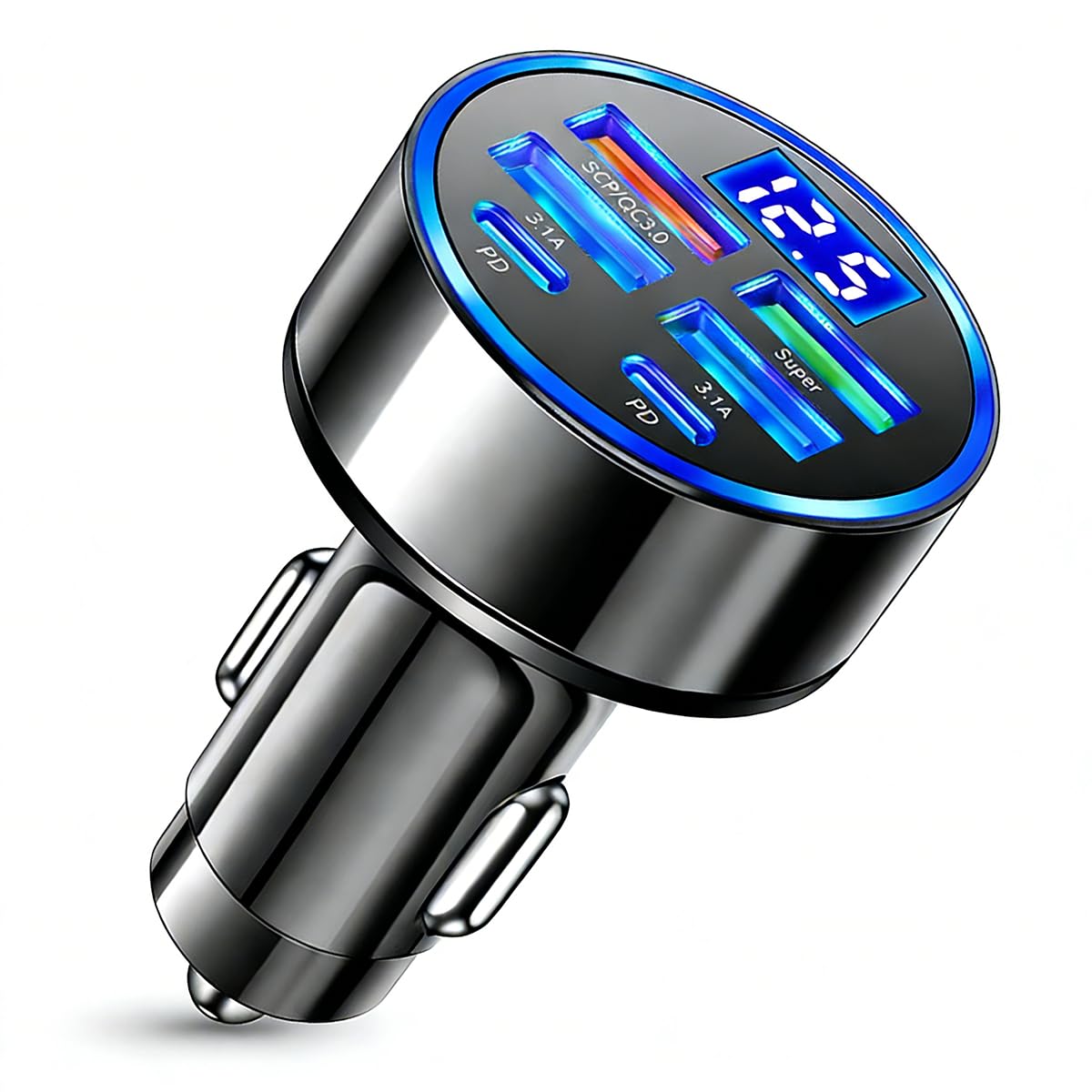 Wieloportowa ładowarka samochodowa 6 w 1 z wykrywaniem napięcia, 2PD + 3 USB + QC3.0, adapter do gniazda zapalniczki samochodowej z funkcją szybkiego ładowania, kompatybilna z telefonami