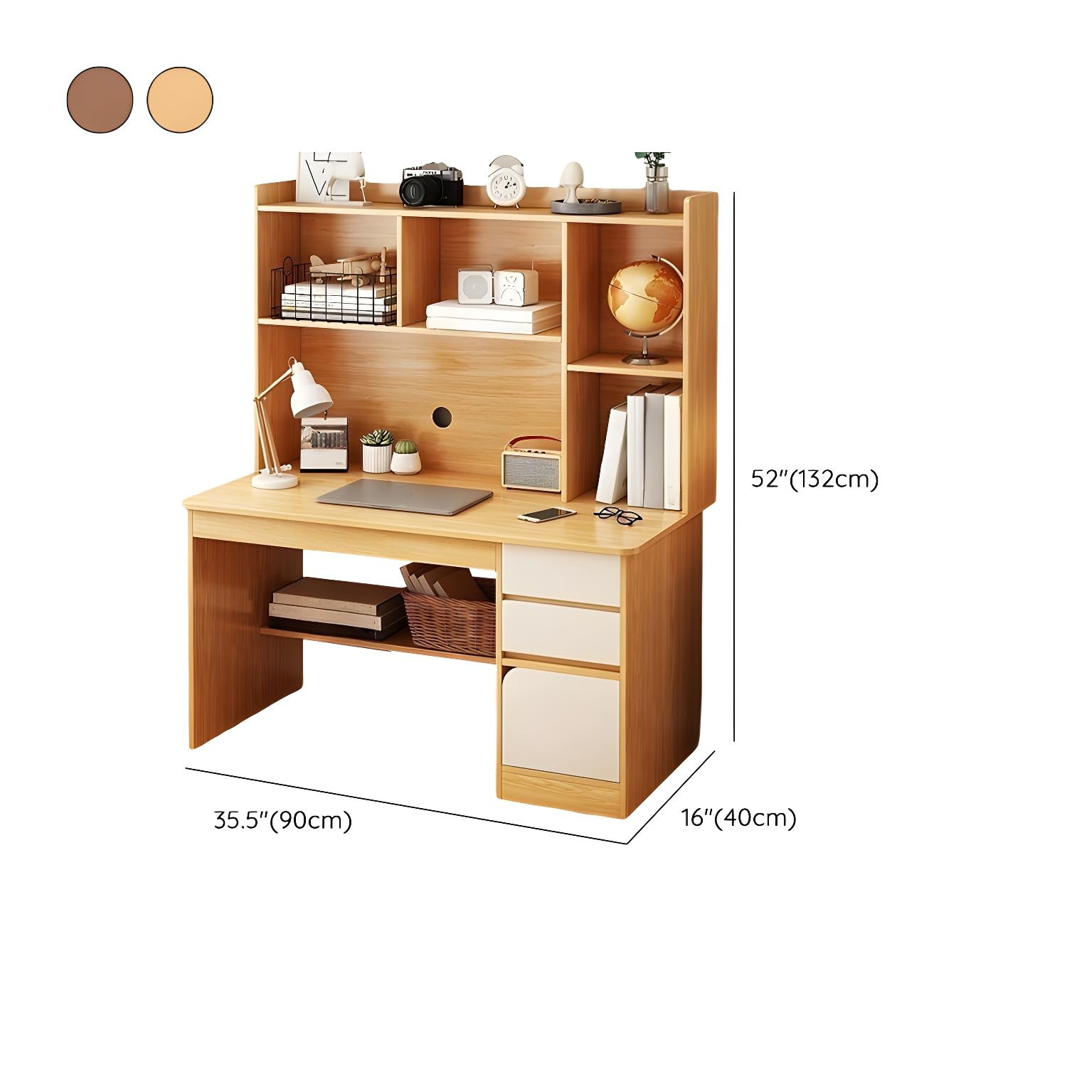 Nowoczesne biurko z brązowego drewna Credenza z szufladami i półkami - stylowy stół do biura domowego 89 cm dł. x 40 cm szer. x 132 cm wys. idealny do nowoczesnych przestrzeni roboczych bez krzeseł w
