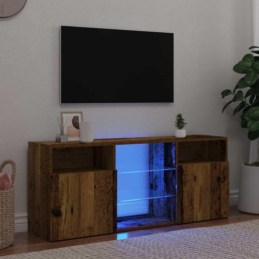 Stolik RTV pod TV z oświetleniem LED RGB, Szafka pod telewizor stare drewno, 120x30x50 cm, mebel z przegrodami do przechowywania do salonu