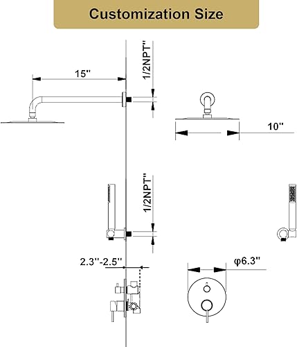 Miniatura 6 de Sistema de ducha de 10 pulgadas, juego de grifo de ducha dorado cepillado de latón de montaje en pared, cabezal de ducha de lluvia de alta presión
