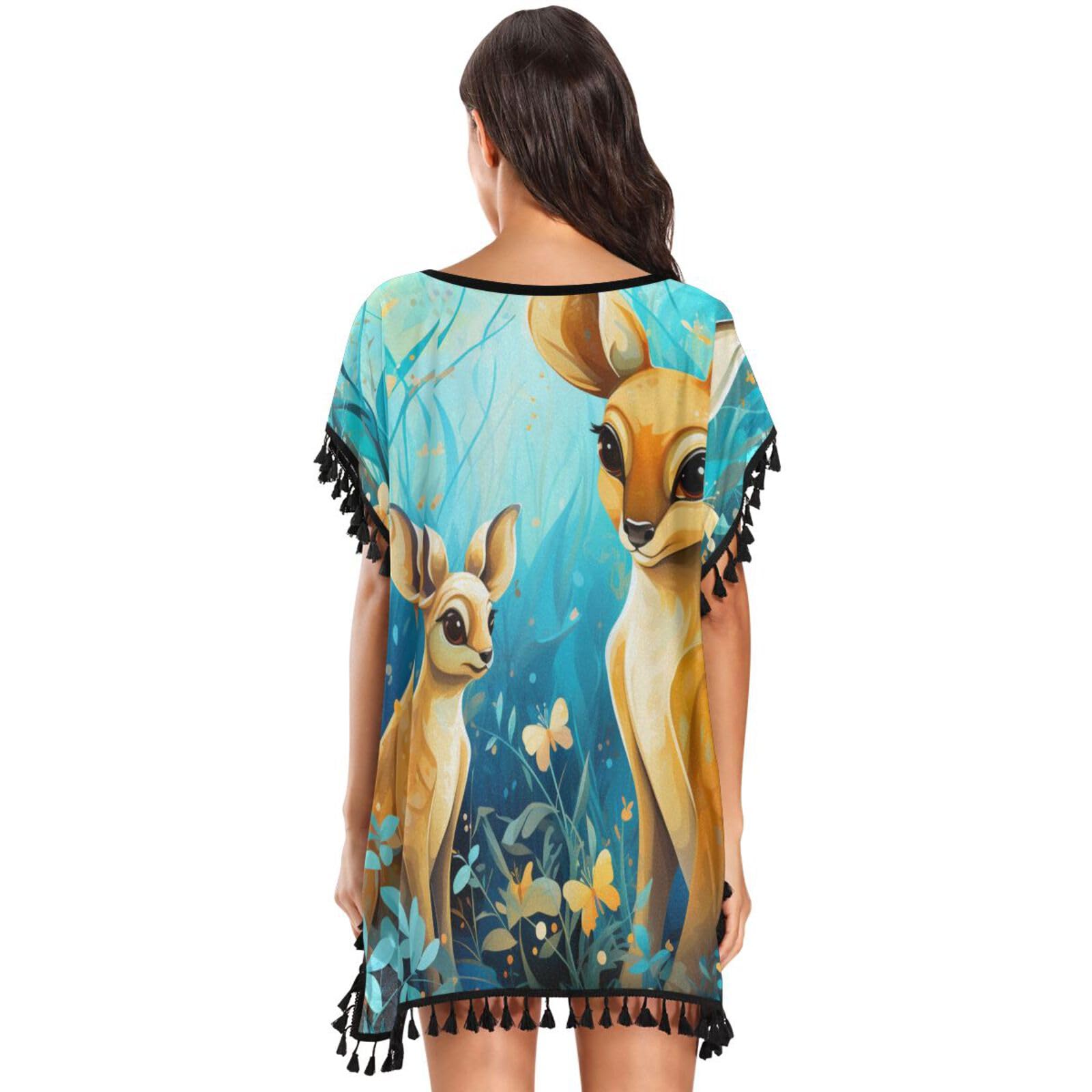 Forest Flower Animals Kangaroo Women's Beach Cover Up Chiffon Tassel Swimwear Swimsuit Coverups for Girl