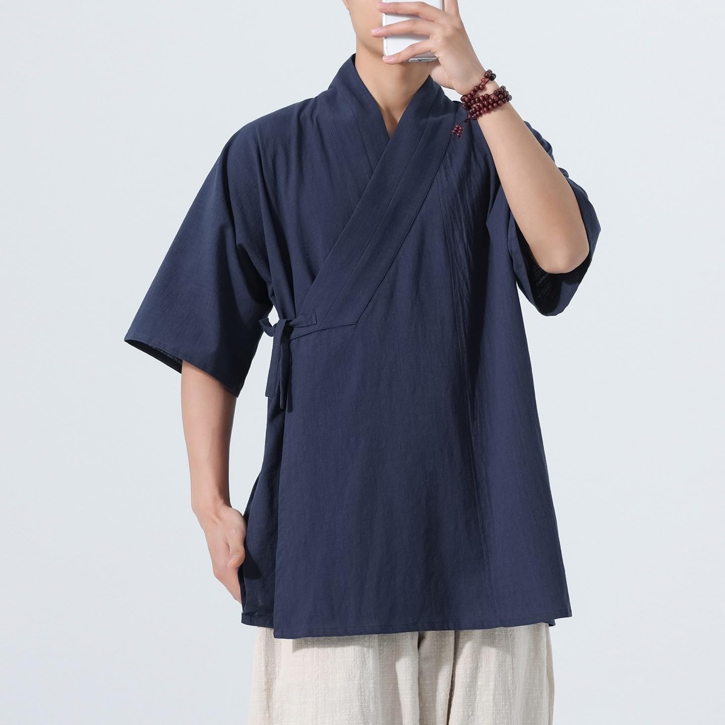 Men's Summer Japanese Vintage Long Cardigan Cotton Linen Tang Suit Hanfu