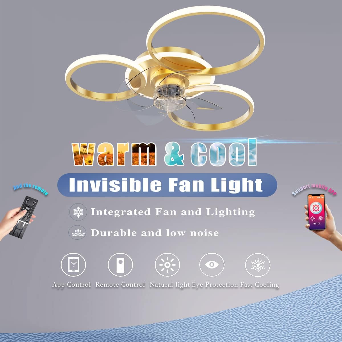 YUEGOO Ceiling Fans with Lamps,Remote App Control Reversible Chandeliers with Fan Dimmable Modern Design Ceiling Fan with Led Lamp for Bedroom Living Room Kitchen/Black/60Cm