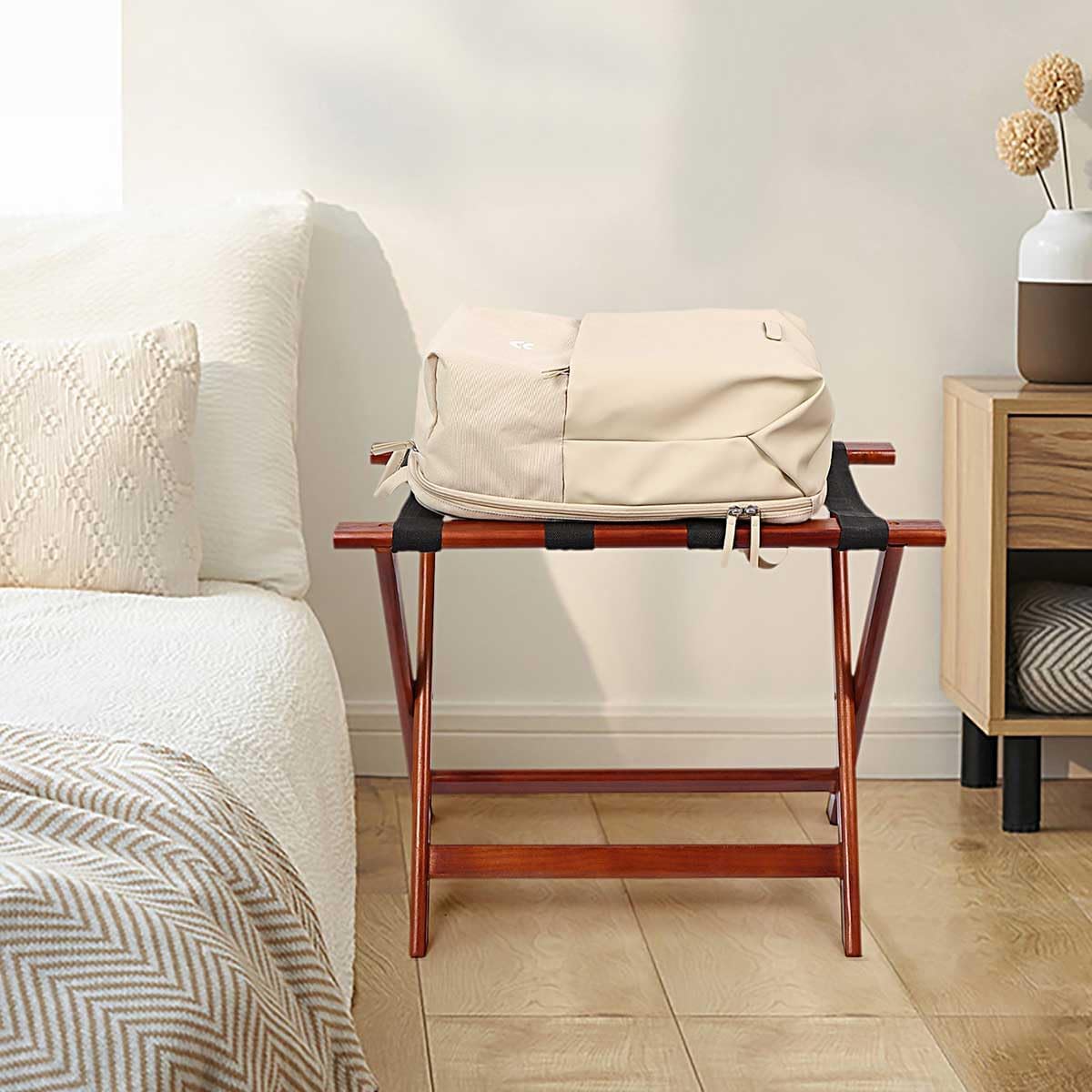 LZMS Walnut Wood Folding Luggage Rack 24.75" x 14.25" x 19.75",Luggage Stand for Guest Room,High-end Hotels, Resorts & Home | Premium Walnut Finish