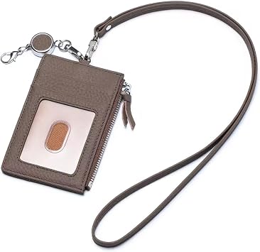 Genuine Real Leather ID Badge Holder with Lanyard & Retractable Reel, Card Holder Silver Metal Hardware Swivel Hook Dark Khaki