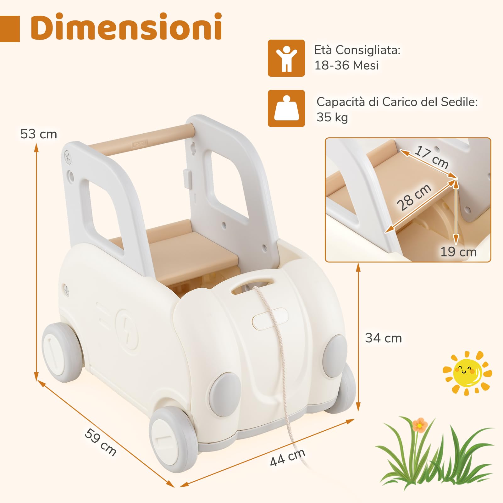 COSTWAY Girello Primi Passi Bambini, Carrello a Spinta con Contenitore