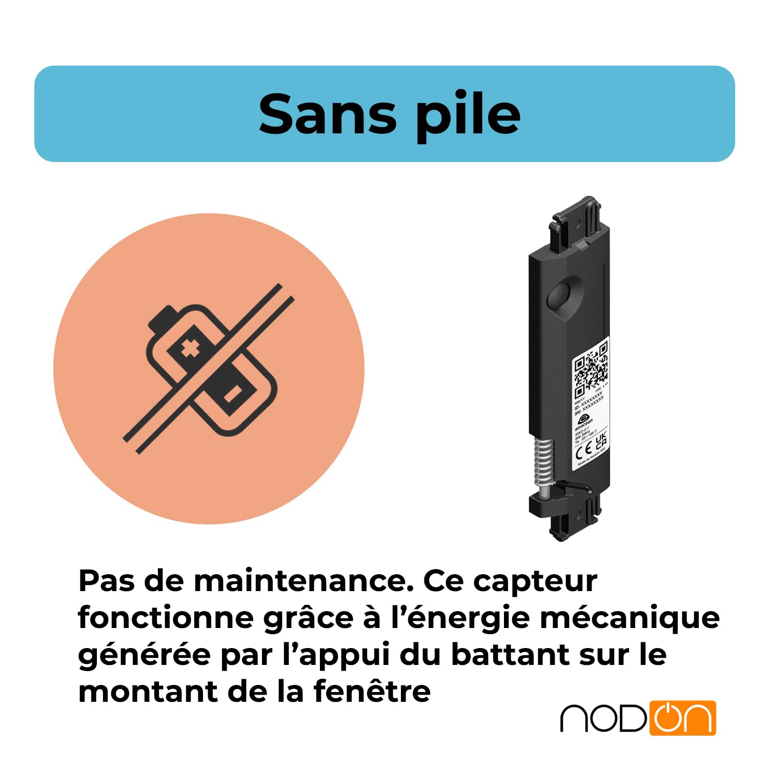NodOn - EnOcean Detecteur Ouverture Fenêtre Sans Pile Sans Fil | Détecteur Ouverture pour Fenêtres ou Portes-Fenêtres Aluminium ou PVC - IP32 - Compatible avec Jeedom, eedomus, MyUbiwizz