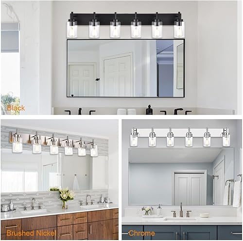 Miniatura 7 de VINLUZ Lámpara de tocador de baño de 6 luces, iluminación de pared moderna negra con pantalla de vidrio transparente, apliques industriales para