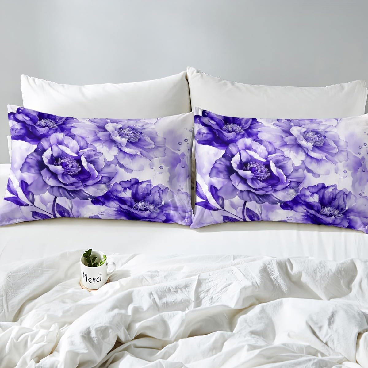 jejeloiu Purple Fitted Sheet Queen Size Rose Floral Bed Sheets Set 16" Deep Pocket Microfiber Abstract Purple Lavender Flowers Bedding with 2 Pillowcases Garden Flower Room Decor Romantic