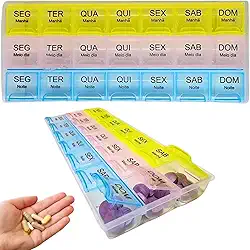 Porta Comprimidos Semanal Manhã Tarde Noite 3x ao Dia Caixa Organizadora Remédios Vitaminas Cápsulas Diário Estojo Mensal Viagem 21 Compartimentos