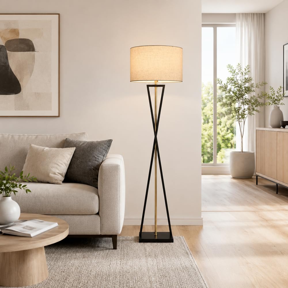 Wylolik Modern Floor Lamp with Fabric Shade, 3 Color Dimming Standing Light