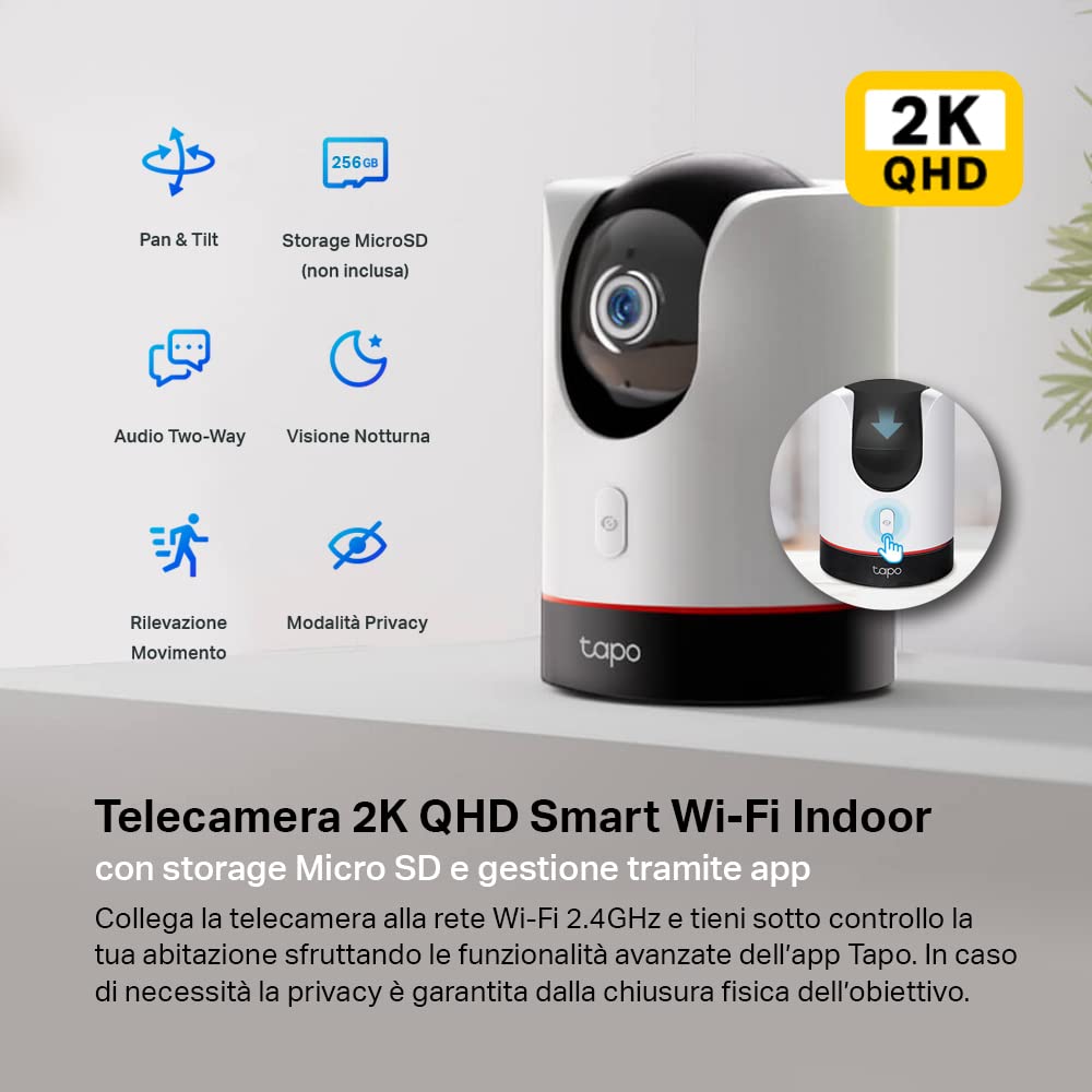 Tapo C225 Telecamera WiFi Interno di Sicurezza Domestica Pan/Tilt AI, 2K QHD, Sorveglianza, Visione Notturna, Rilevamento del Movimento, Sensore di Luce Stellare, Compatibile con Alexa