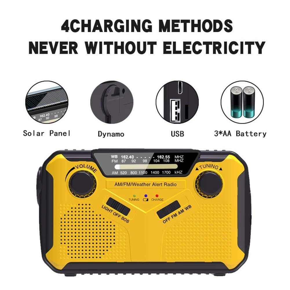 Radio awaryjne z korbką, pogoda słoneczna AM|FM|WB|NOAA, przetrwanie, latarka, lampa do czytania 2 W, alarm SOS 2500 mAh