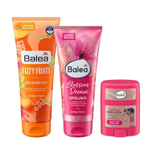 Balea 3er-Set Haarpflege: Shampoo FIZZY FRUITS mit Aprikosen-Extrakt, 250 ml + Spülung BLOSSOM DREAM mit Seidenprotein, 200 ml + WAX STYLING STICK für glatt glänzendes Finish Sleek Look, 25 g (450 ml)