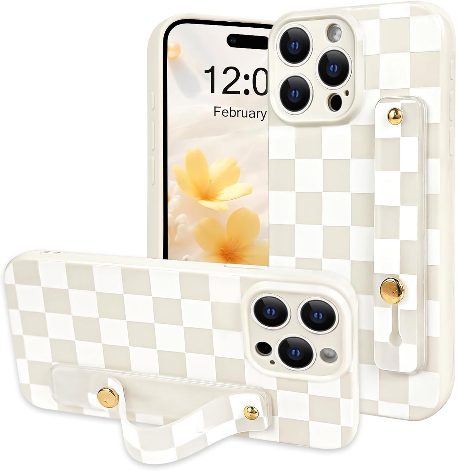 NITITOP Compatible with iPhone 14 Pro Max Case with Wrist Strap Kickstand Cute Trendy Checkerboard Plaid for Women Girls Slim Fit TPU Silicone Shockproof Full Camera Protective Cover - White