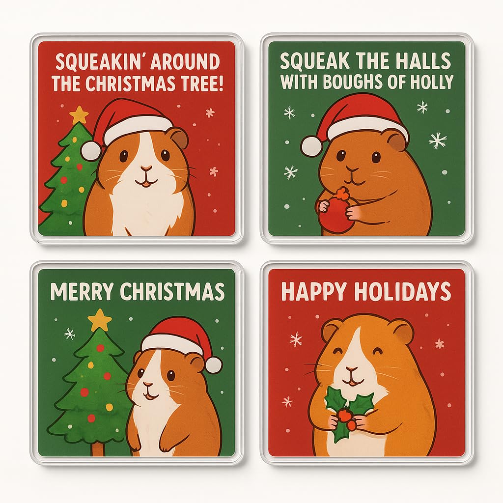 The Plum Penguin Squeaky Cheer Acrylic Coaster Gift Set Of 4 With Festive Guinea Pig Designs - Christmas Cheer For Pet Lovers, Protects & Delights