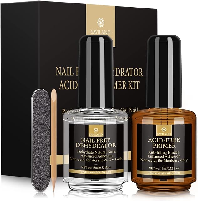 Saviland Nail Dehydrator and Bond Primer, Long-lasting Nail Prep Dehydrate and Acid Free Bonding Primer Set Professional Natural for Acrylic Powder and Gel Nail Polish