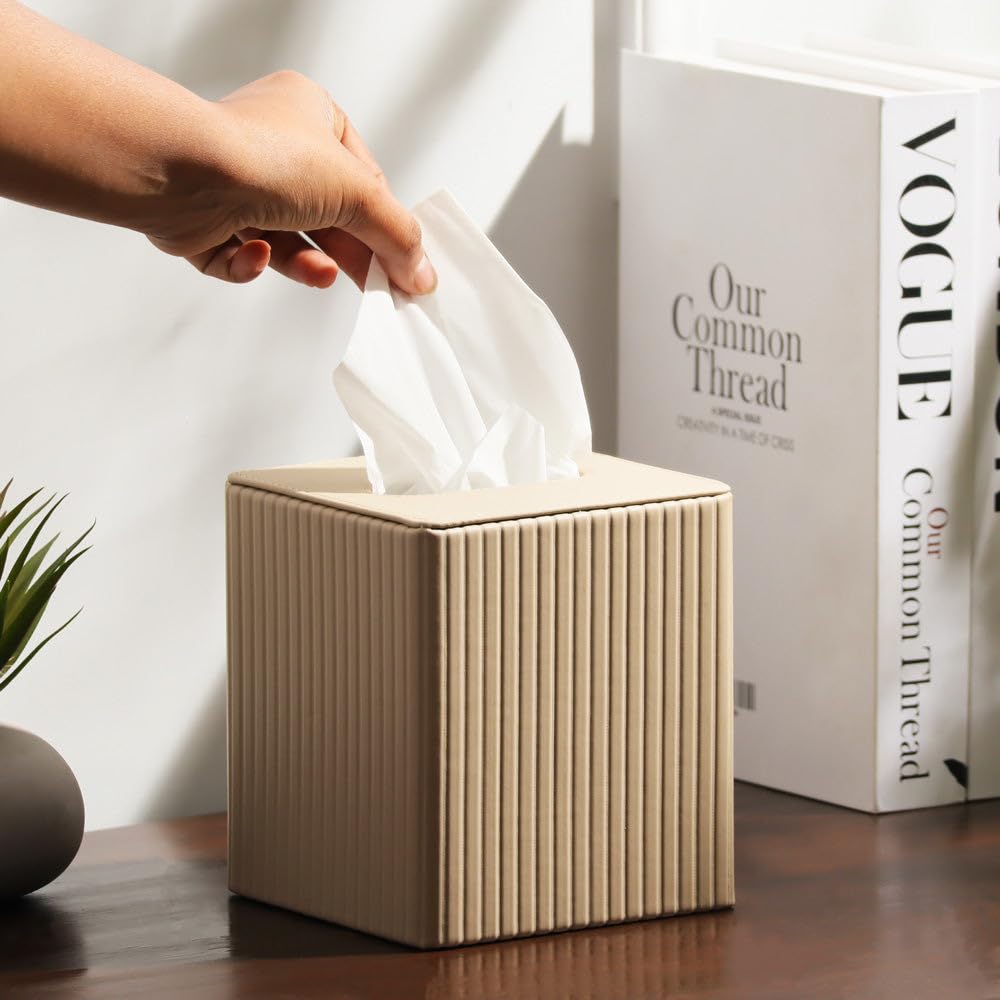 Columns Square Tissue Box Holder | PU Leather Material | Facial Tissue Holder for Bathroom Home Office Car| Textured Finish Paper Tissue Holder | Easy to Refill with Bottom Opening - Taupe
