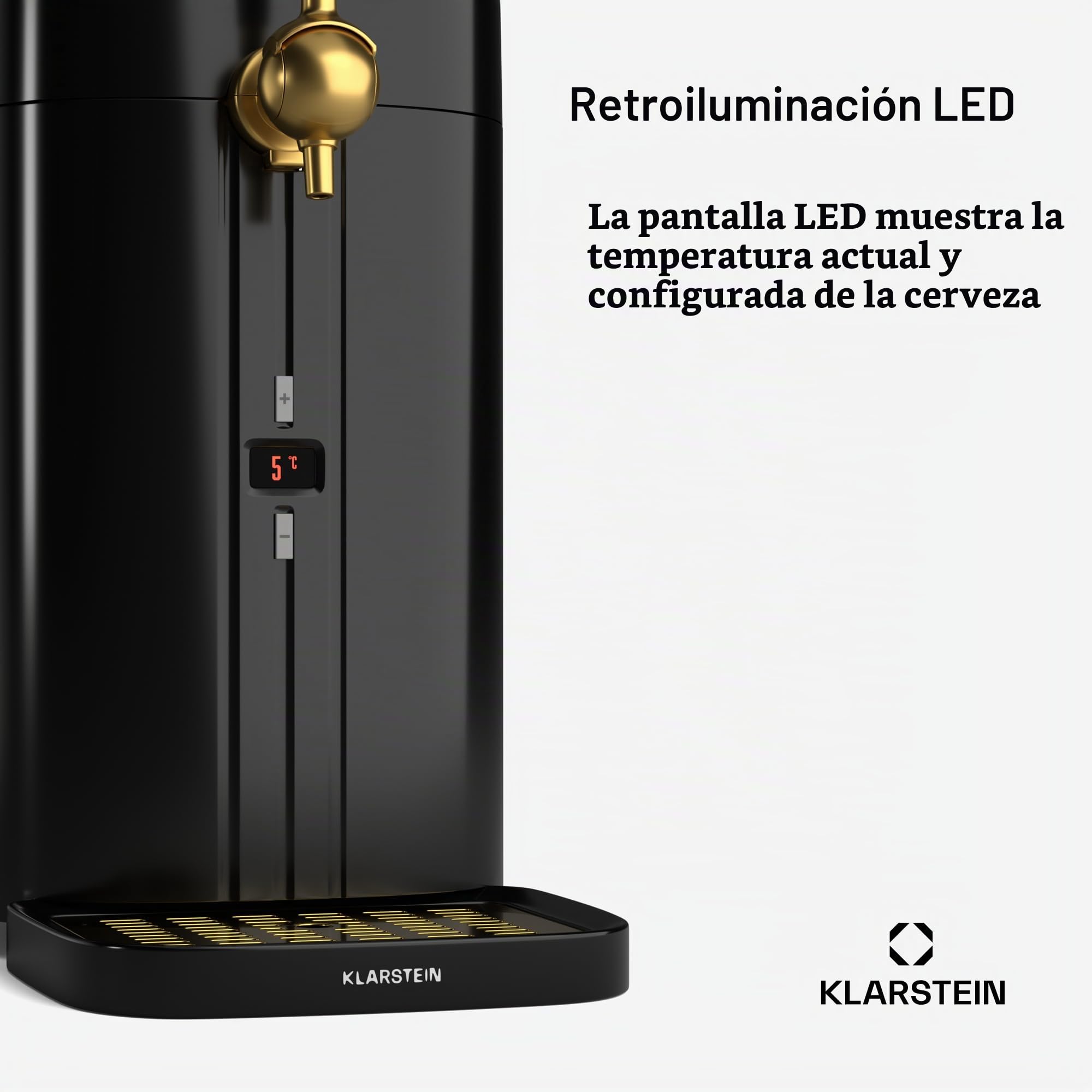 Klarstein FrostBrew Dispensador de Cerveza 5L - Sistema de Presión de CO₂, Refrigeración Termoeléctrica, Control de Temperatura 3-12°C, Barril Universal, Negro/Dorado
