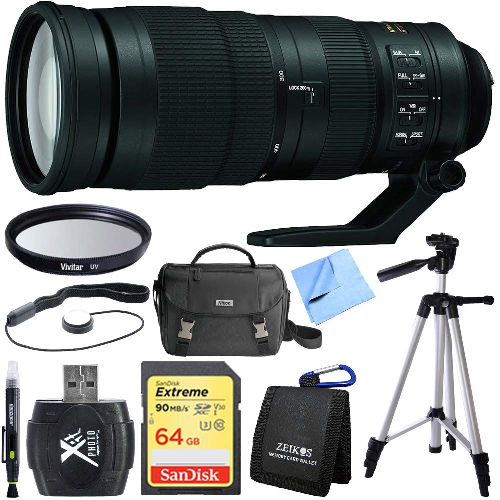 Nikon AF-S FX Full Frame NIKKOR 200-500mm f/5.6E ED Zoom Lens Bundle with Tripod, 64GB SDXC Memory Card, 95mm UV Filter, Deluxe Bag and (6 Items)