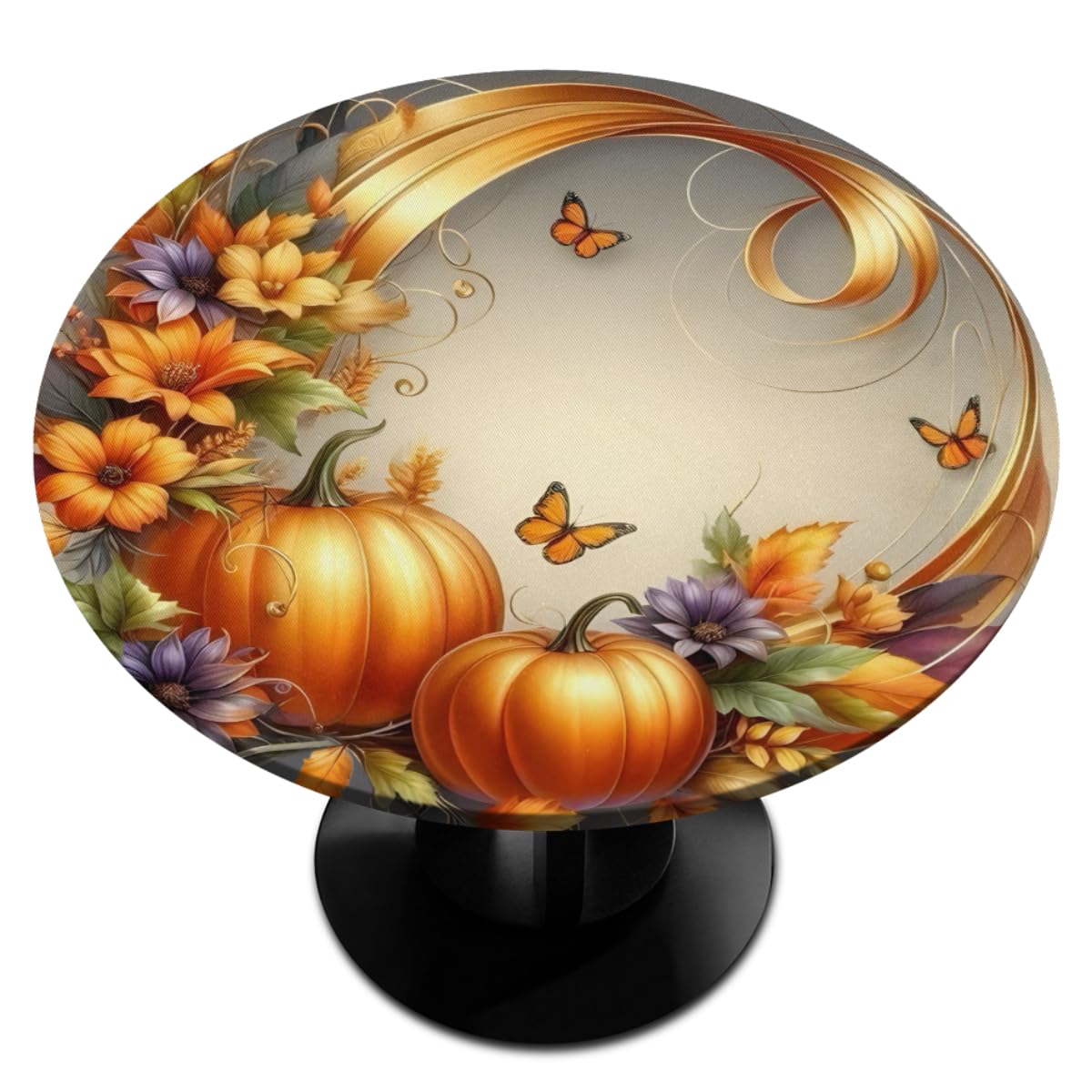 hongjinglin Round Tablecloth with Elastic Edge Pumpkin Fall Flowers Fitted Circle Table Cover wipeable Round Table Cloth for Indoor Outdoor Patio