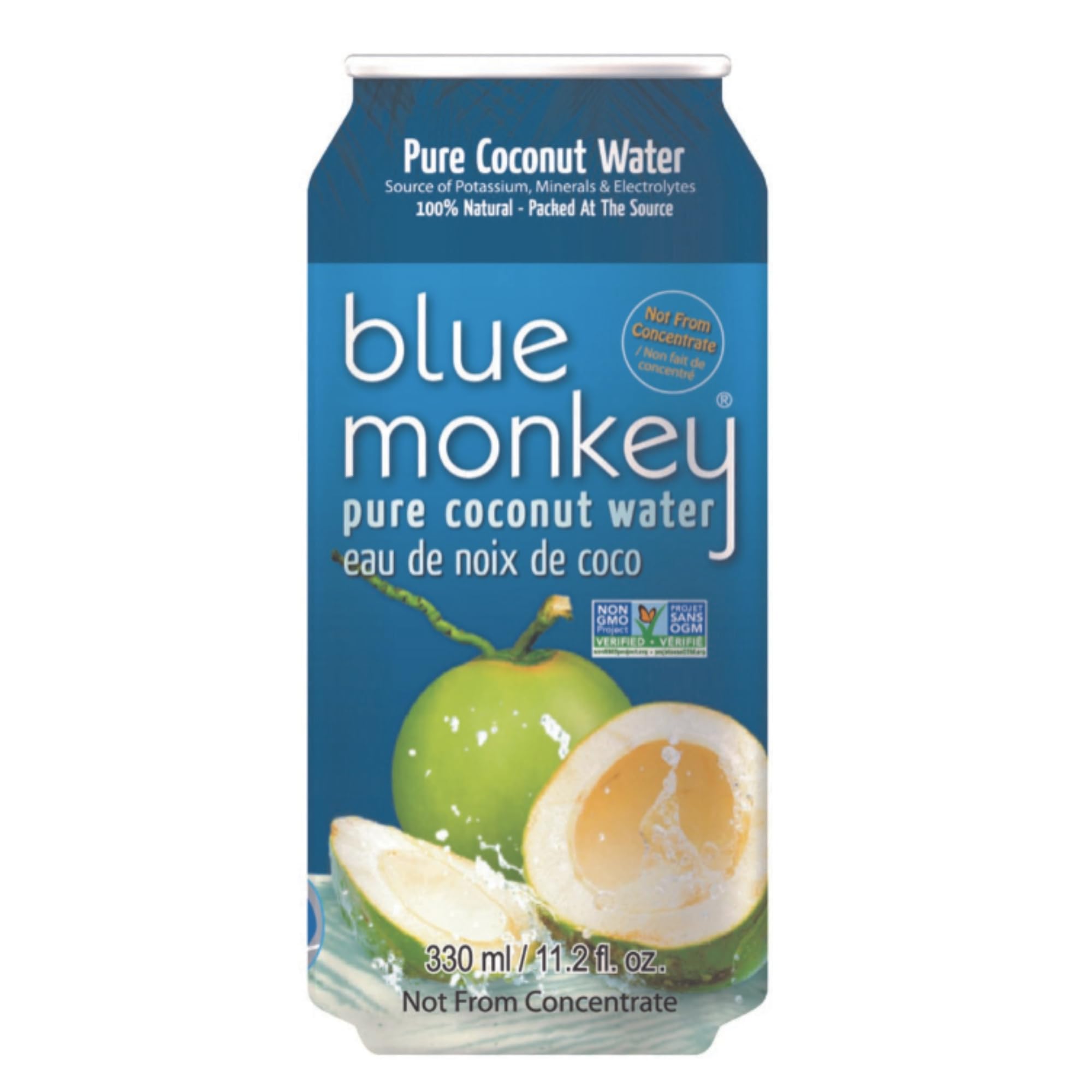 Blue Monkey Coconut Water - 100% Pure Coconut Water from Vietnam - No Pulp - No Sugar Added - Shelf Stable - Refreshing Hydration Drink - 11.2oz (330) 24-Pack
