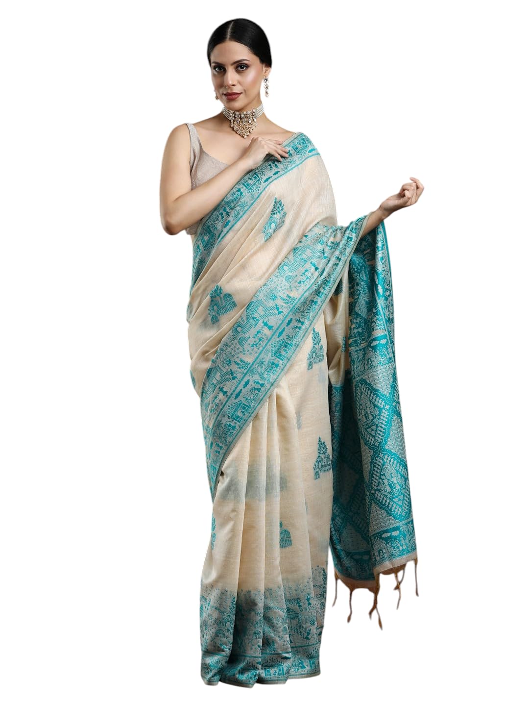 Women's Cotton Blend Handcrafted Nakshi Kantha Saree with Unstiched Blouse | Traditional Folk Motif-image-10