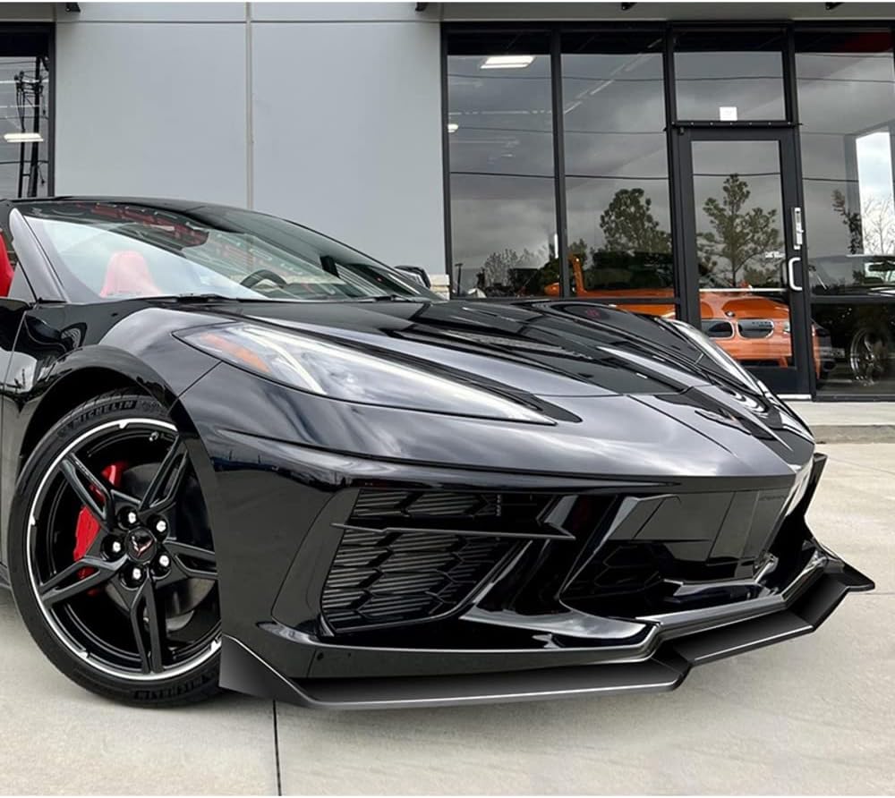 Q1-TECH, Front Bumper Lip fit for Compatible with 2020-2025 Chevy Corvette C8, Front Bumper Lip Spoiler Air Chin Body Kit Splitter, ABS, 2021 2022 2023 2024, 5VM-Style (Glossy Black)