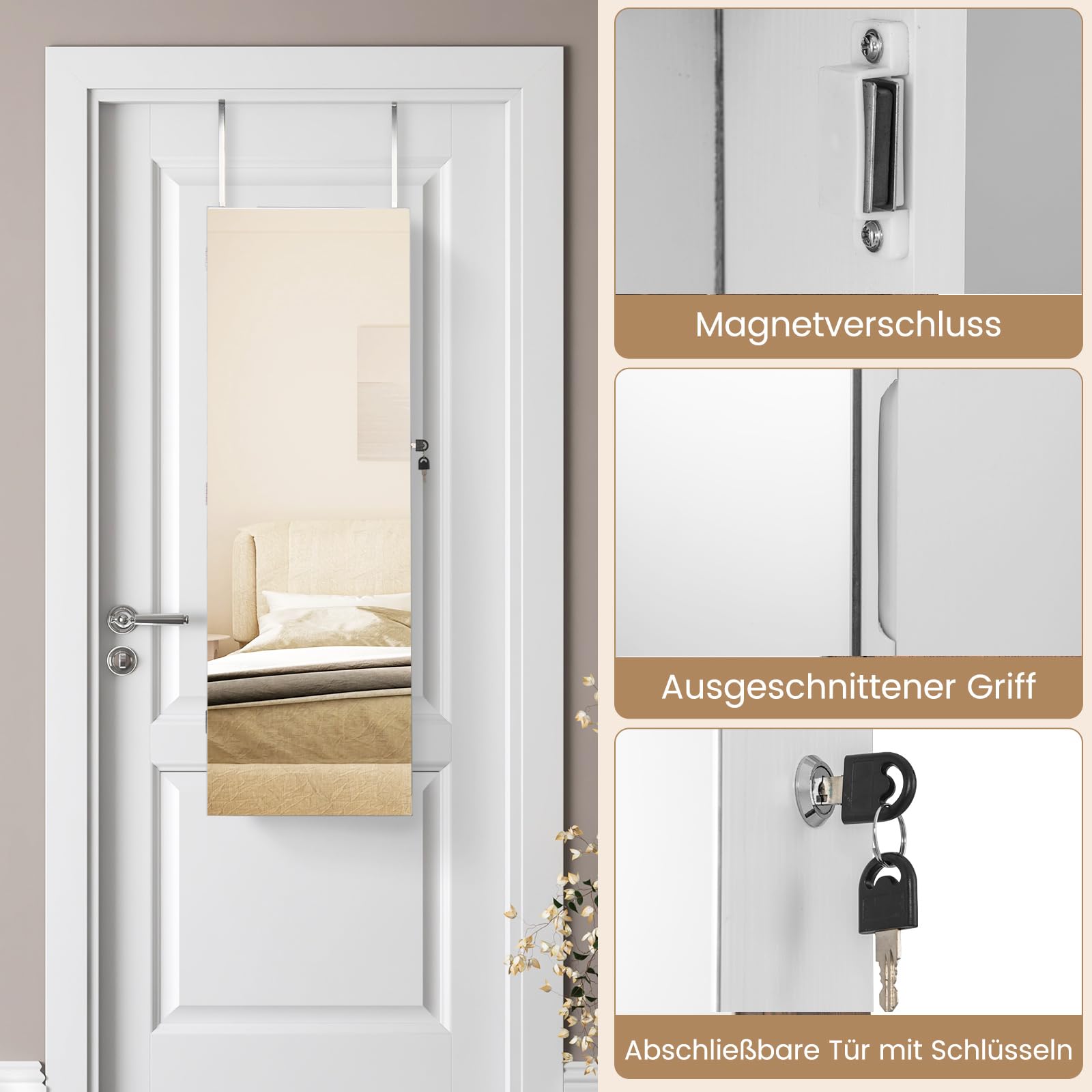 COSTWAY Schmuckschrank hängend, 2 in 1 Wandspiegel & Schmuck Organizer, Spiegelschrank abschließbar, Schminkschrank mit 2 Spiegel, Tür- / Wandmontage, verstellbare Haken (Weiß)