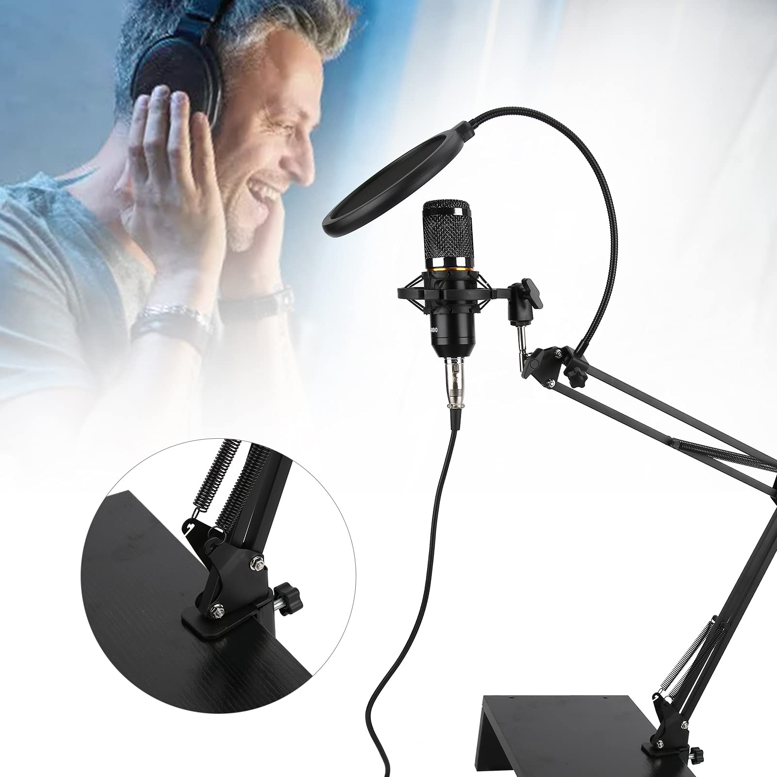 Zestaw Mikrofonu Pojemnościowego Profesjonalny USB z Elastycznym Ramieniem BM800 do Nagrywania na Komputerze PC - Korpus w Kolorze Czarnym + Głowica Siatkowa w Kolorze Srebrnym (Czarny +