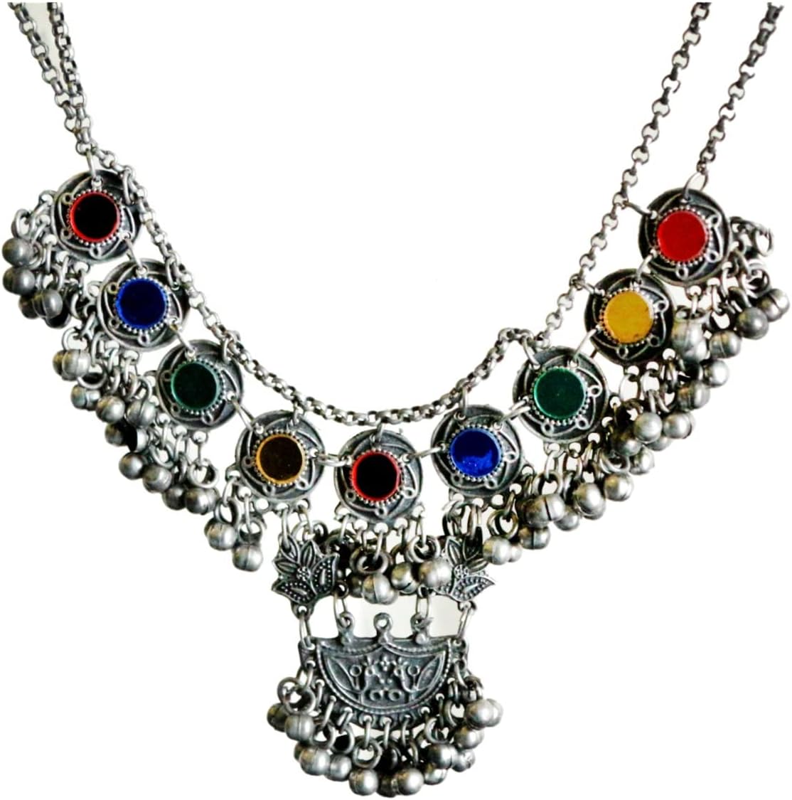 Jewel IndiaIndian Antique Afghani Silver Oxidized Polish Heavy Ghungroo Bells Boho Gypsy Banjara Statement Choker Thread Necklace Earrings Jewelry for Women Girls