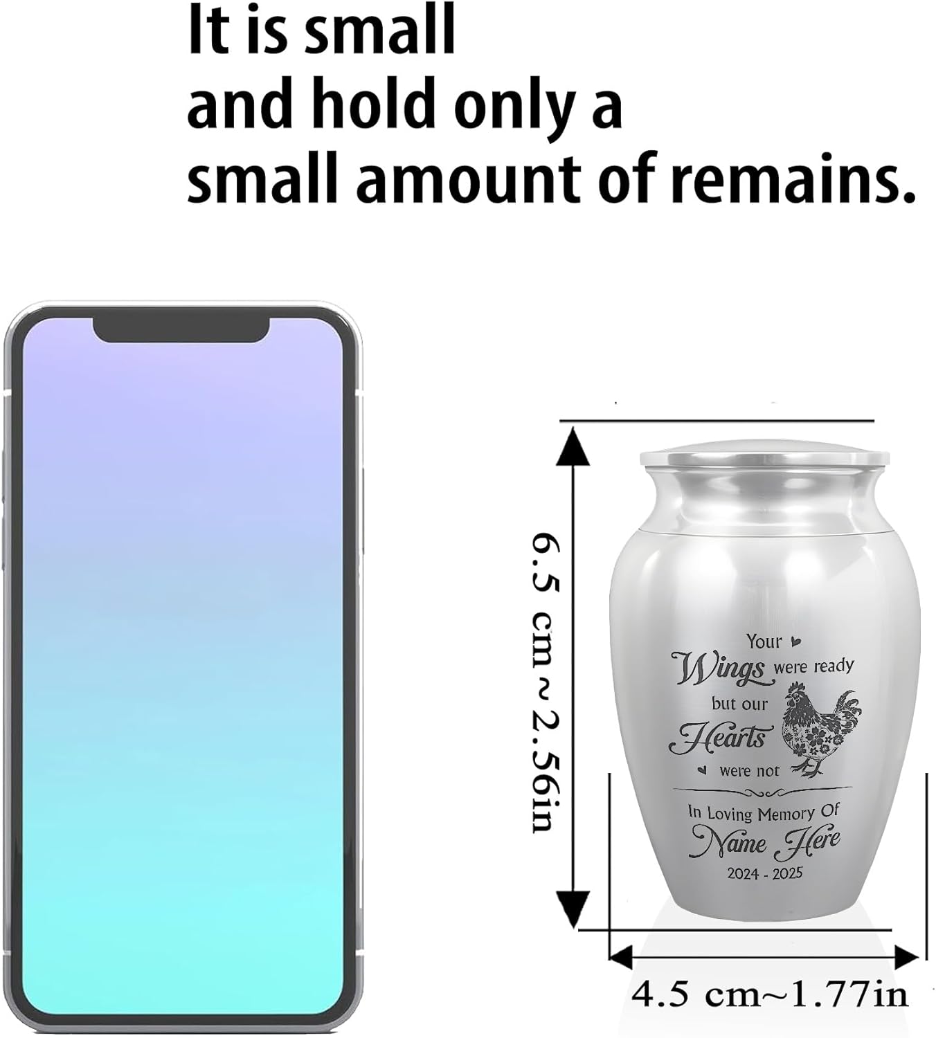 Artsy Woodsy Personalized Chicken Memorial Mini Urn Stainless Steel Keepsake Urns for Ashes 2.56x1.77, Loss of Pet Sympathy Gift, Hen Loss Gift, Rooster Remembrance Keepsake (02, 2.56x1.77)