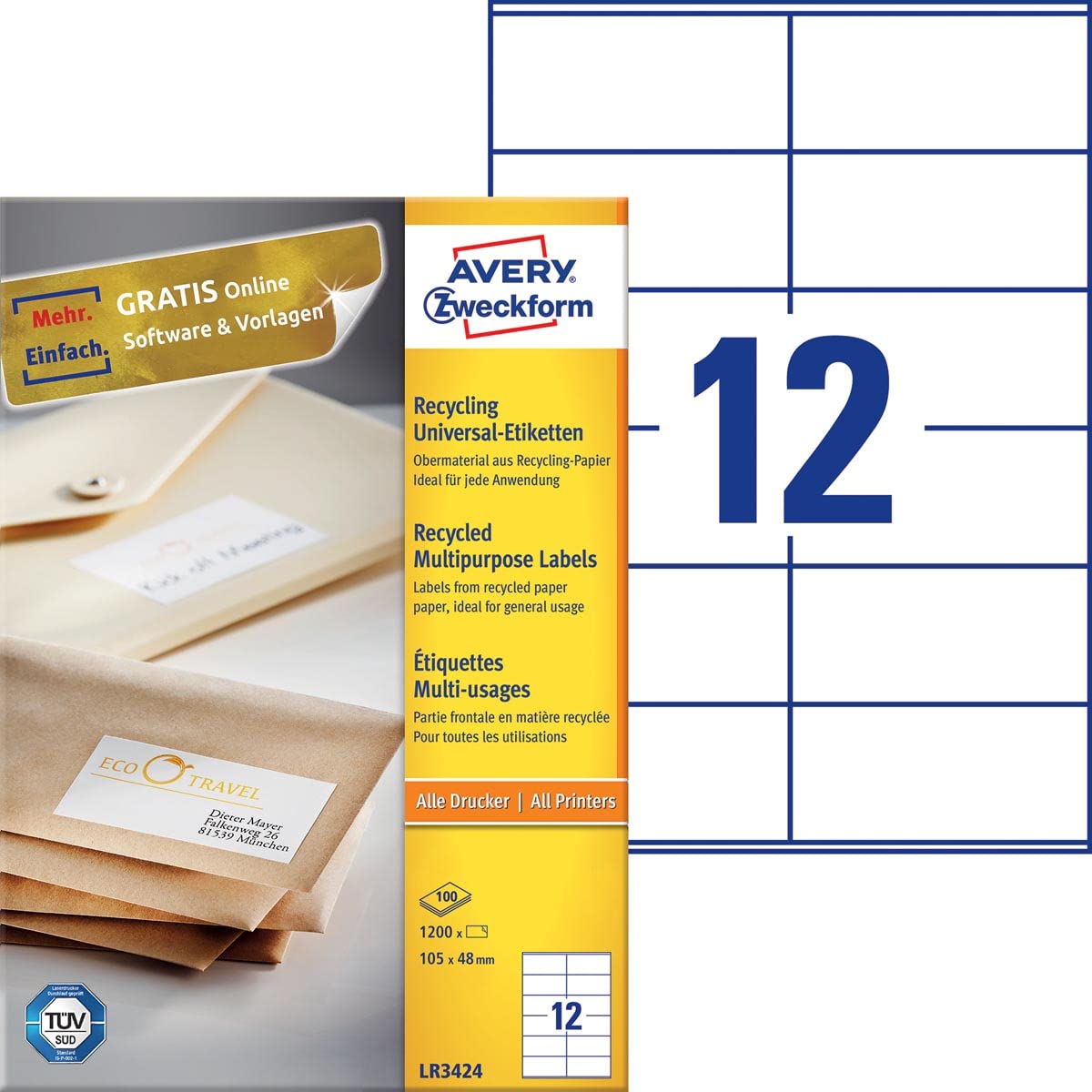 AVERY Zweckform LR3424 Recycling Etiketten (1.200 Adressaufkleber, 105x48mm auf A4, 100% recyceltes Altpapier, bedruckbare Adressetiketten, selbstklebende Klebeetiketten) 100 Blatt, naturweiß