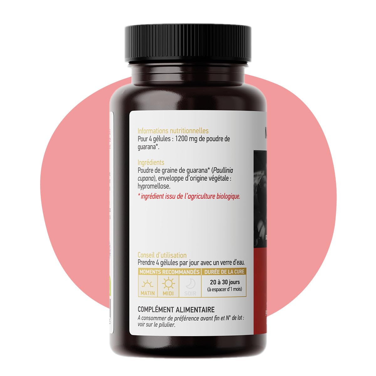 Guarana Pur et Biologique en Gélules Végétales - Stimulant et Énergisant - Titré en Guaranine - Analysé et Conditionné en France - 3 x 150 Gélules
