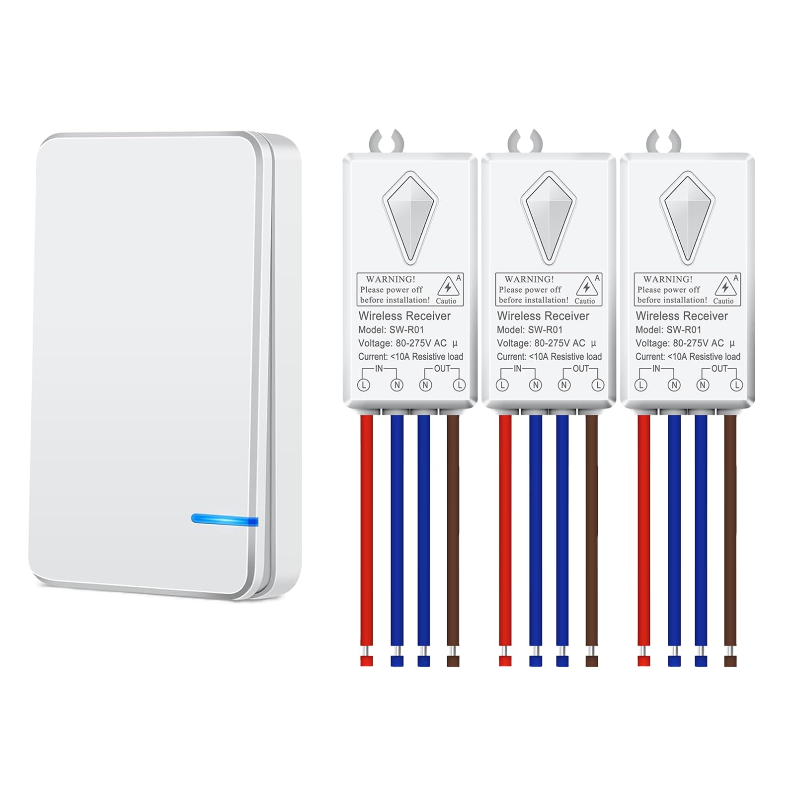 NineLeaf Wireless Light Switch, Wireless Switches for Lights,No Wiring for Wall Light Switch,400m RF Remote Control Range,IP66 Waterproof for 1000W LED Indoor Outdoor Lighting,3 Receiver