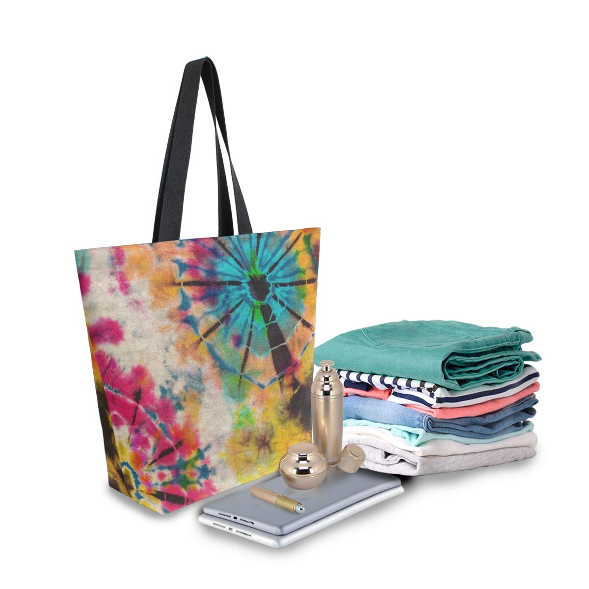 ZZKKO Tie Dye Canvas Tote Grocery Bag Shoulder Casual Book Bag Large for Women Teachers, Retro Cotton Bag Shopping Purse Handbag Reusable Multipurpose Use