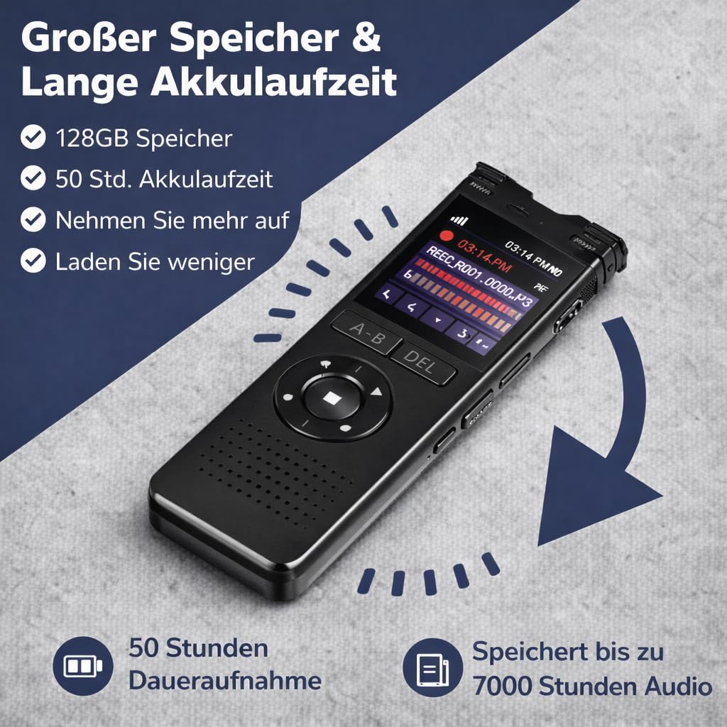 CleverTalk Diktiergerät Professionell 128GB – HD Audio PCM 1536kbps – Sprachaktivierung – Doppelmikrofon Rauschunterdrückung – Aufnahmegerät USB-C für Vorlesungen, Meetings, Interviews