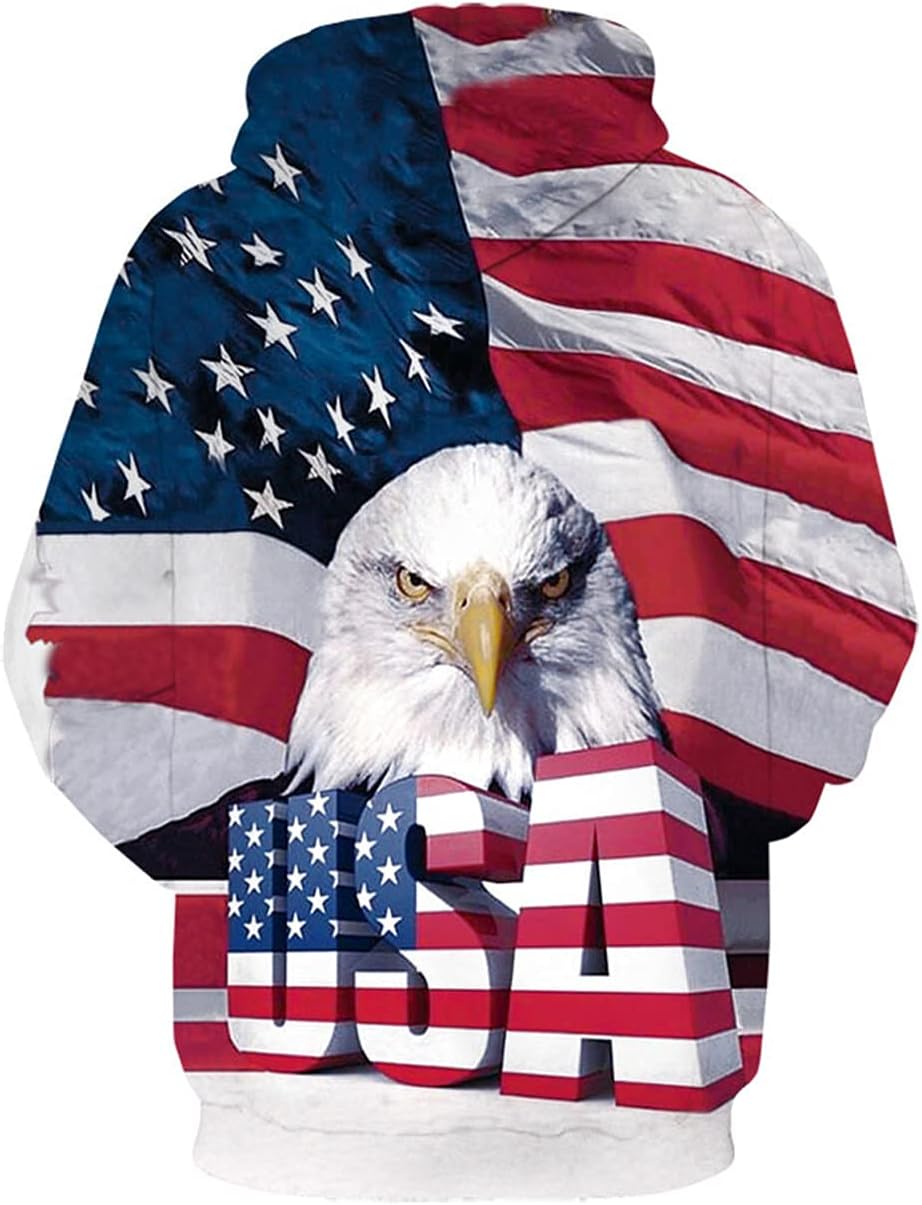 Unisex USA American Flag Print 4th of July Patriotic Long Sleeve Pockets Slim Pullover Hoodie Sweatshirt