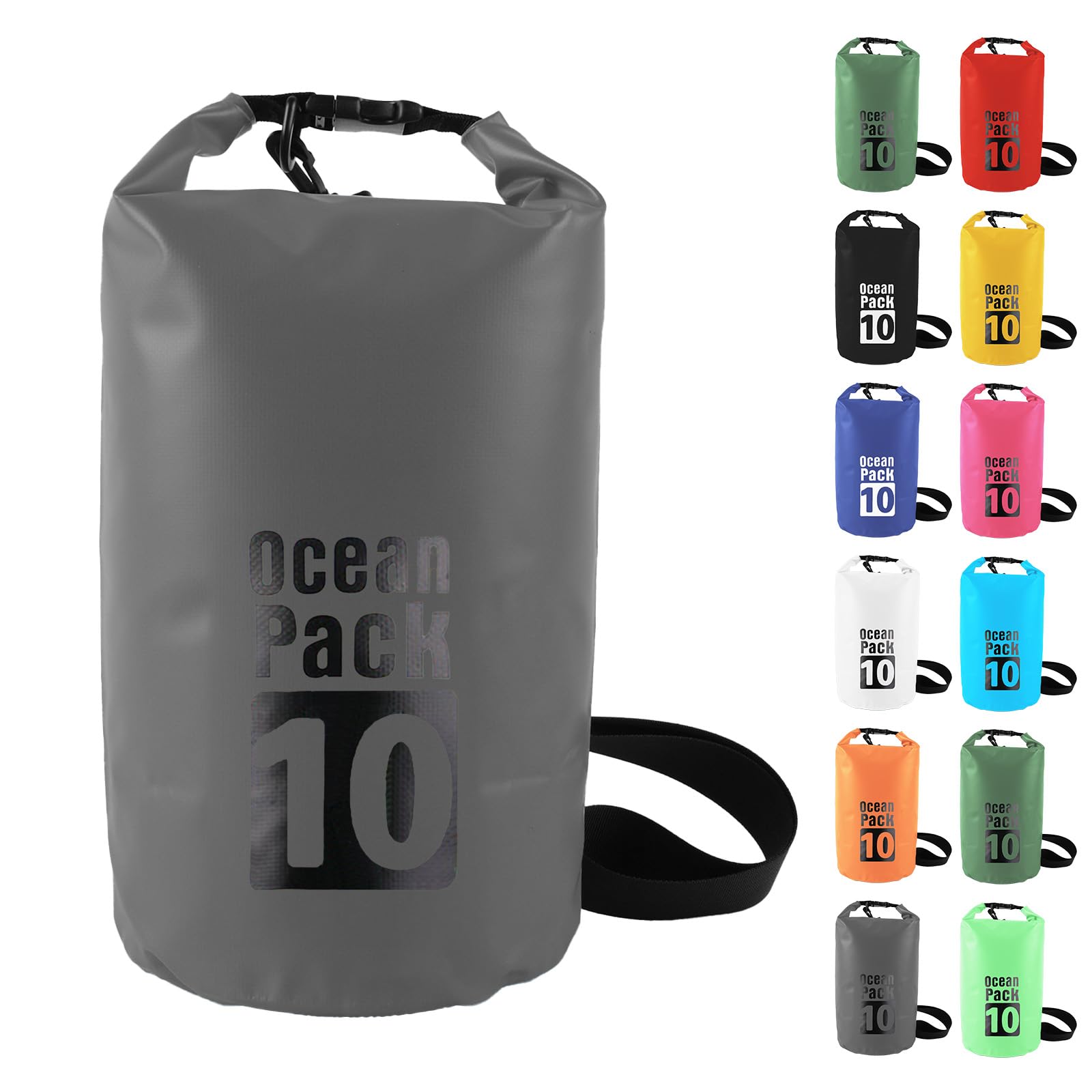 MOMAHUA 10L Waterproof Dry Bag with Single Shoulder Strap - Grey Durable PVC Roll Top Dry Sack - Reusable Gear Protector for Kayaking, Boating, Beach, Swimming, Camping and Outdoor Sports