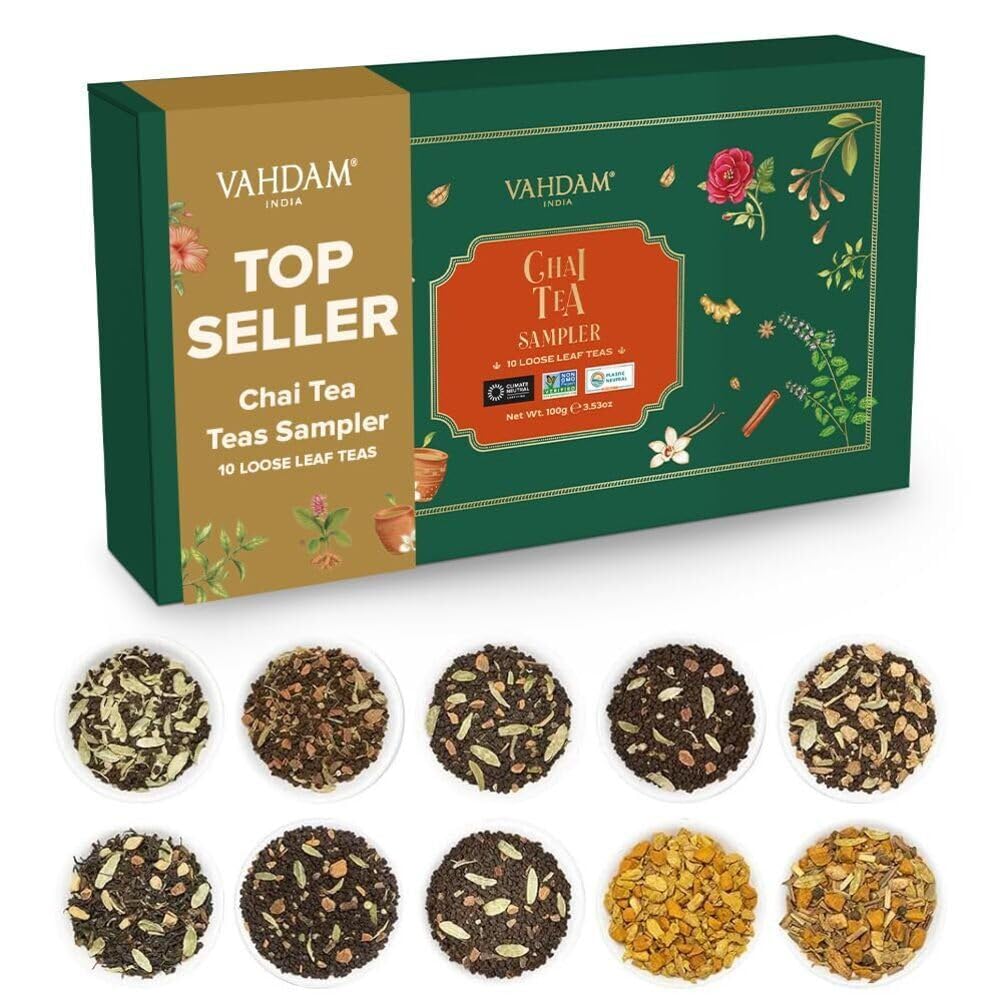VAHDAM, Assorted Loose Leaf Chai Tea Sampler (10 Flavors, 50+ Servings) | Indian Exotic Masala Chai Tea Blends | Resealable Ziplock Pouch | Vacuum Sealed For Freshness