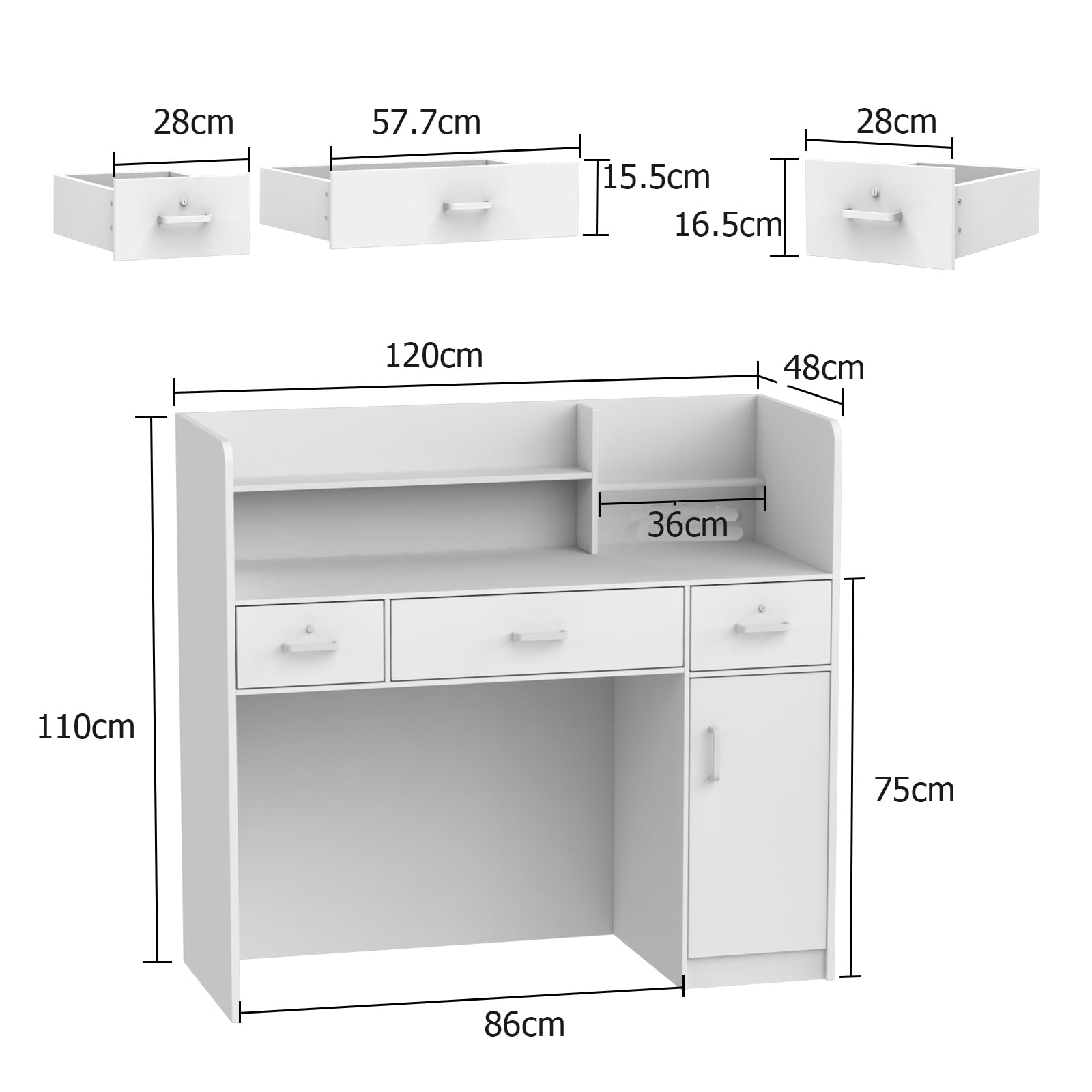 Banco reception, ufficio bancone mobili reception, nero, 3 cassetti, 110 X 120 X 48 cm
